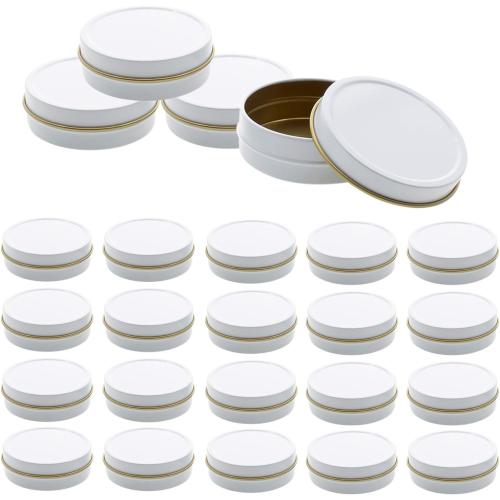 Mini Pack 24 Pack Tins 4 oz Shallow Round Tins with Solid Slip Lids Empty Tin Containers Cosmetics Tins Party Favors Tins and Food Storage Containers (White)
