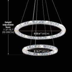 Modern LED Chandelier, 2 Rings Ceiling Light Fixture with Top K9 Chandelier Crystals, Adjustable & 3-Color Changing Chandeliers for Living Room Dining Room Bedroom Kitchen, D 16"-24"