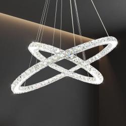 Modern LED Chandelier, 2 Rings Ceiling Light Fixture with Top K9 Chandelier Crystals, Adjustable & 3-Color Changing Chandeliers for Living Room Dining Room Bedroom Kitchen, D 16"-24"