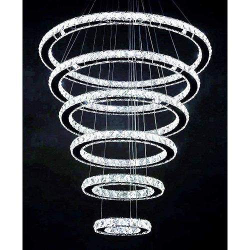 Modern Crystal Chandelier Lighting, 6 Ring Chandelier LED Ceiling Lights Fixtures with 3-Color, High Ceiling Foyer Chandelier for Living Room Dining Room Staircase, D8-12-16"-20"-24"-28" Modern Crystal Chandelier Lighting, 6 Ring Chandelier LED Ceiling Lights Fixtures with 3-Color, High Ceiling Foyer Chandelier for Living Room Dining Room Staircase, D8-12-16"-20"-24"-28"