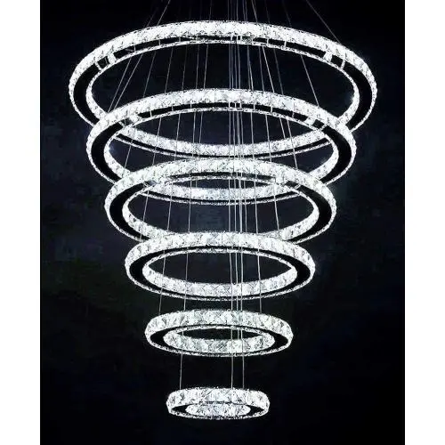 Modern Crystal Chandelier Lighting, 6 Ring Chandelier LED Ceiling Lights Fixtures with 3-Color, High Ceiling Foyer Chandelier for Living Room Dining Room Staircase, D8-12-16"-20"-24"-28"
