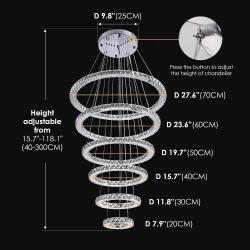 Modern Crystal Chandelier Lighting, 6 Ring Chandelier LED Ceiling Lights Fixtures with 3-Color, High Ceiling Foyer Chandelier for Living Room Dining Room Staircase, D8-12-16"-20"-24"-28"